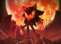 Shadow stands before a red moon in a destroyed city.