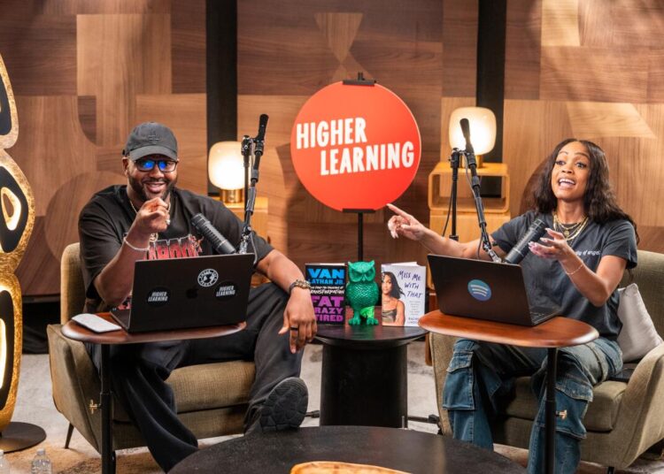 Van Lathan and Rachel Lindsay record their podcast at Spotify's Sycamore Studios.