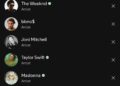 A screenshot from the music streaming app Spotify showing a list of names, some with a green check mark badge beside them and others without.