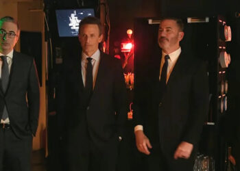 Strike Force Five members John Oliver, Seth Meyers, Jimmy Kimmel, and Jimmy Fallon on 'The Late Show'Credit: CBS