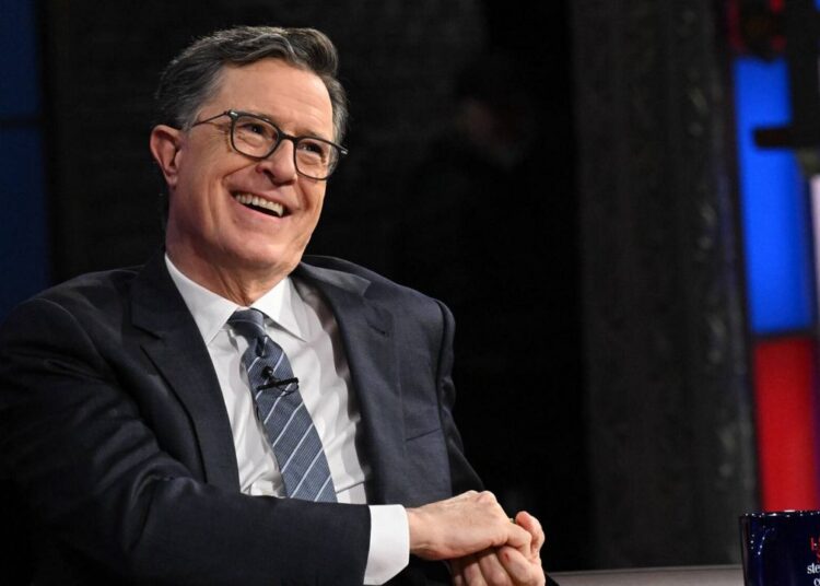 This image released by CBS shows host Stephen Colbert on the set of "The Late Show with Stephen Colbert" in New York on May 6, 2026. (Scott Kowalchyk/CBS via AP)