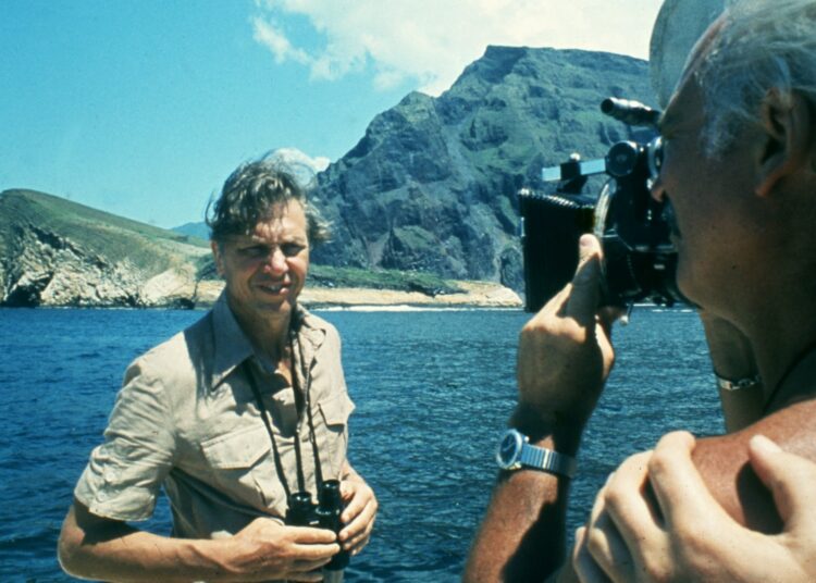 David Attenborough during filming for the 1979 Life on Earth series.