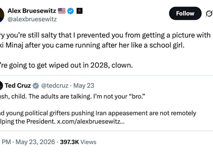 A tweet by Alex Bruesewitz responding to Ted Cruz, mentioning Nicki Minaj and a political disagreement.