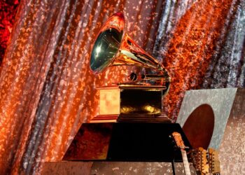 A Grammy award appears on stage at the 65th annual Grammy Awards on Feb. 5, 2023, in Los Angeles. (AP Photo/Chris Pizzello)
