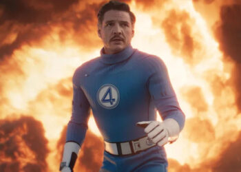 Pedro Pascal as Reed Richards with fire in the background in The Fantastic Four: First Steps - Marvel Studios