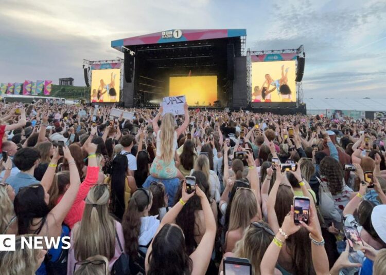 Music fans, some sitting on shoulders with hand-written signs, most filming ton their iphones, crown around the stage in Herrington Country Park. Zara Larsson is seen on large yellow screens wearing a blue dress and being held aloft by her dancers.
