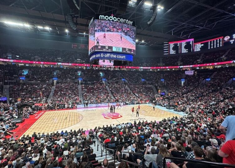 Fans fill Moda Center during a WNBA basketball game between the Portland Fire and the Indiana Fever in Portland, Or., Saturday May 30, 2026. (AP Photo/Anne M. Peterson)