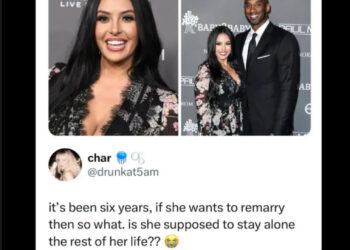 Vanessa Bryant Instagram story with text about remarriage rumors, featuring a photo of her with Kobe Bryant.