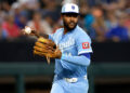 ARLINGTON, TEXAS - MAY 30: Maikel Garcia #11 of the Kansas City Royals throws out Danny Jansen #9 of the Texas Rangers at first base during the fourth inning at Globe Life Field on May 30, 2026 in Arlington, Texas. (Photo by Ron Jenkins/Getty Images)