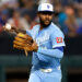 ARLINGTON, TEXAS - MAY 30: Maikel Garcia #11 of the Kansas City Royals throws out Danny Jansen #9 of the Texas Rangers at first base during the fourth inning at Globe Life Field on May 30, 2026 in Arlington, Texas. (Photo by Ron Jenkins/Getty Images)