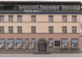 The Royal Hotel, as seen in a rendering from Castleavery. The Hotel will have 24 rooms, a lounge and restaurant on the main floor, a roof-top bar, and storage for outdoor equipment in the basement.