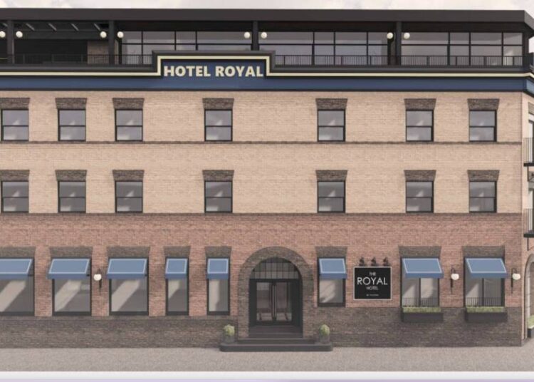 The Royal Hotel, as seen in a rendering from Castleavery. The Hotel will have 24 rooms, a lounge and restaurant on the main floor, a roof-top bar, and storage for outdoor equipment in the basement.
