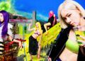 aespa members with colorful hair in a vibrant, surreal setting. One is holding a drink, others pose with a shopping cart and on a slide.