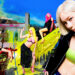 aespa members with colorful hair in a vibrant, surreal setting. One is holding a drink, others pose with a shopping cart and on a slide.