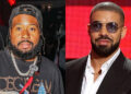 Split image of DJ Akademiks wearing a cap and chain, and Drake in a suit and sunglasses.
