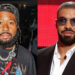 Split image of DJ Akademiks wearing a cap and chain, and Drake in a suit and sunglasses.