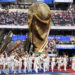 Celebrities including Halle Berry, Rob Lowe and Paris Hilton watched on as performers danced around a giant World Cup trophy