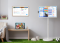 Apolosign Digital Calendar and Portable Smart TV in a modern family home setup showing smart family organization and entertainment solutions