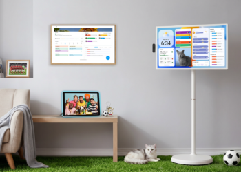 Apolosign Digital Calendar and Portable Smart TV in a modern family home setup showing smart family organization and entertainment solutions