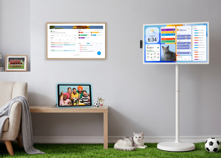 Apolosign Digital Calendar and Portable Smart TV in a modern family home setup showing smart family organization and entertainment solutions