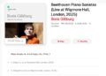 Music app screen showing Boris Giltburg's Beethoven Piano Sonatas Live at Wigmore Hall, London 2025 album, with orange-jacketed portrait, play and shuffle buttons, and tracklist for Sonata No. 9
