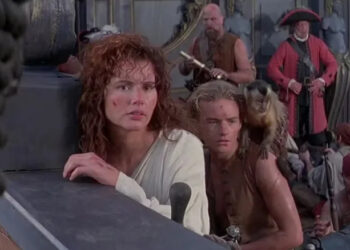 Morgan (Geena Davis) and a group of pirates hanging out on a ship in "Cutthroat Island."