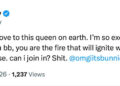 A tweet by Aubrey O'Day expressing admiration and excitement for someone tagged as @omgiitsbunnie.