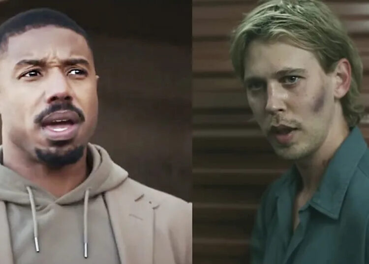 Michael B. Jordan in Creed III (2023), Austin Butler, slightly beaten up in Caught Stealing (2025).