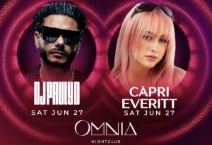 Recording Artist Capri Everitt poses with DJ Pauly D at OMNIA Nightclub in Las Vegas