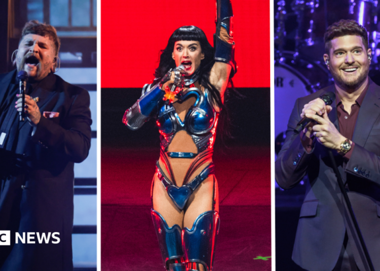 Composite of Teddy Swims, Katy Perry and Michael Buble, all singing