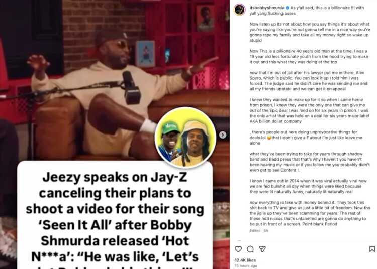Jeezy in sunglasses speaks on a podcast. Text discusses Jeezy and Jay-Z canceling a video for "Seen It All" due to Bobby Shmurda's "Hot N***a."