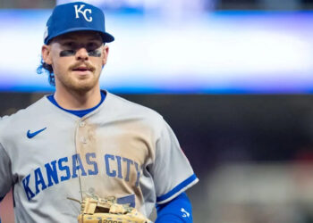 Kansas City Royals shortstop <a class="link " href="https://sports.yahoo.com/mlb/players/11771/" data-i13n="sec:content-canvas;subsec:anchor_text;elm:context_link" data-ylk="slk:Bobby Witt Jr.;sec:content-canvas;subsec:anchor_text;elm:context_link;itc:0" data-yga="{"yLinkElement":"context_link","yModuleName":"content-canvas","yLinkText":"Bobby Witt Jr.","ySubModuleName":"anchor_text","yHasCommerce":false}">Bobby Witt Jr.</a> (7)© Matt Blewett-Imagn Images