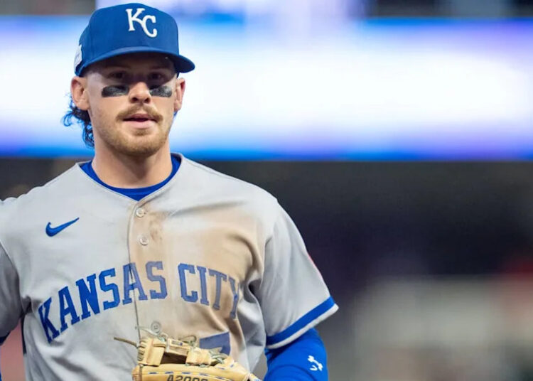 Kansas City Royals shortstop <a class="link " href="https://sports.yahoo.com/mlb/players/11771/" data-i13n="sec:content-canvas;subsec:anchor_text;elm:context_link" data-ylk="slk:Bobby Witt Jr.;sec:content-canvas;subsec:anchor_text;elm:context_link;itc:0" data-yga="{"yLinkElement":"context_link","yModuleName":"content-canvas","yLinkText":"Bobby Witt Jr.","ySubModuleName":"anchor_text","yHasCommerce":false}">Bobby Witt Jr.</a> (7)© Matt Blewett-Imagn Images