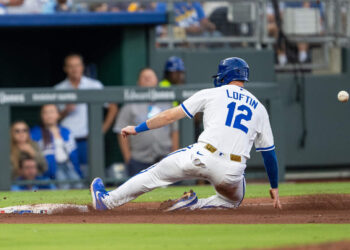 Royals second baseman Nick Loftin slides into third base ahead of the tag during the Royals’ 14-6 win against the St. Louis Cardinals at Kauffman Stadium in Kansas City on Thursday, June 18, 2026.