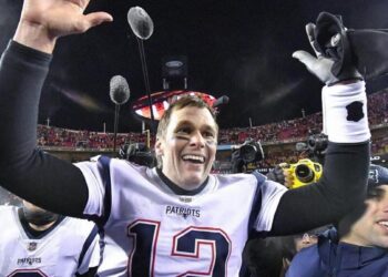 Patriots quarterback Tom Brady celebrated the game-winning touchdown after New England beat the host Chiefs 37-31 in overtime in the AFC Championship Game at Kansas City’s Arrowhead Stadium on Jan. 20, 2019.