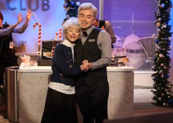 Host Ariana Grande and Bowen Yang during the