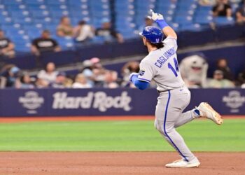Kansas City Royals' Jac Caglianone rounds the base after his two-run home run during the fifth inning of a baseball game against the Tampa Bay Rays Tuesday, June 23, 2026, in St. Petersburg, Fla. (AP Photo/Jason Behnken)