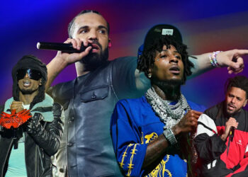 Playboi carti, Yeat, Drake and J. Cole are depicted: Yeat is wearing a mask, Carti with a headscarf and sunglasses, Youngboy in a blue outfit with chains, and Cole in a red jacket. These are the hottest rappers.