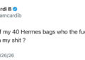 Tweet by Cardi B denying selling her 40 Hermes bags.