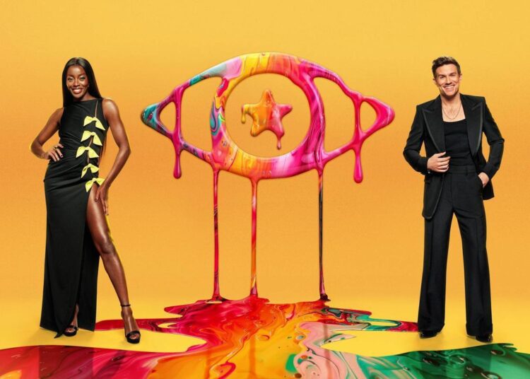 AJ Odudu and Will Best standing in front of a yellow background with the Celebrity Big Brother logo