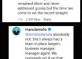 Text from Marc D'Amelio's Instagram comments addressing gossip and defending Charli, mentioning management and family stability before TikTok.