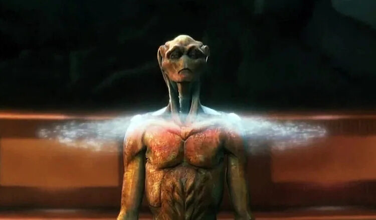 An alien standing in a ring of light in The Arrival