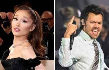 A split image of Ariana Grande on a red carpet and Harry Styles performing.