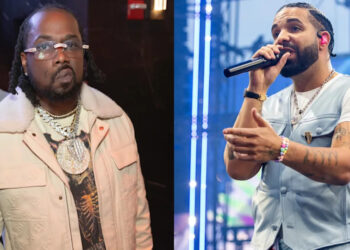 Two images side by side: on the left, Conway the Machine in a light jacket with glasses and jewelry; on the right, Drake with a beard performing on stage.