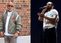 Two images: Left shows Dame Dash in sunglasses and a green jacket against a brick wall. Right shows Drake performing on stage with a microphone.