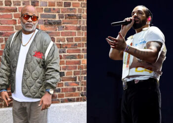 Two images: Left shows Dame Dash in sunglasses and a green jacket against a brick wall. Right shows Drake performing on stage with a microphone.