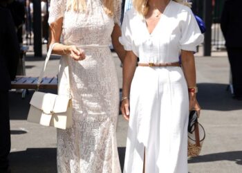Tess Daly and Gayle Lawton both wearing white dresses on day one of Wimbledon