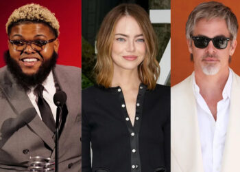 Jermaine Fowler, Emma Stone, and Chris Pine are pictured. Fowler is smiling at a podium, Stone is in black, and Pine wears sunglasses.