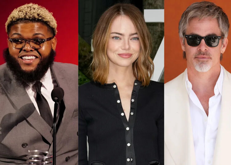 Jermaine Fowler, Emma Stone, and Chris Pine are pictured. Fowler is smiling at a podium, Stone is in black, and Pine wears sunglasses.