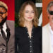 Jermaine Fowler, Emma Stone, and Chris Pine are pictured. Fowler is smiling at a podium, Stone is in black, and Pine wears sunglasses.